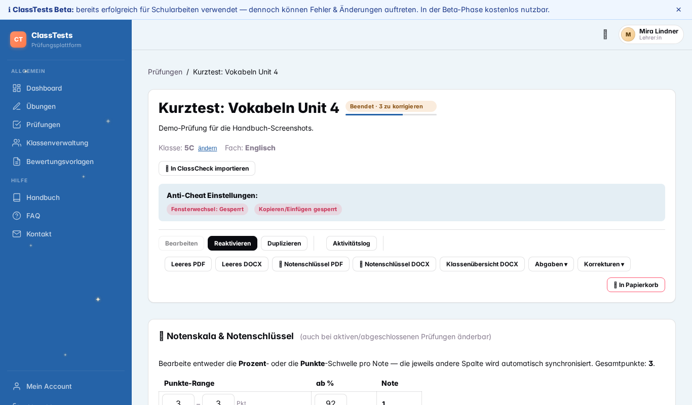 Prüfungs-Detail-Seite mit Notenskala und Aktions-Bar